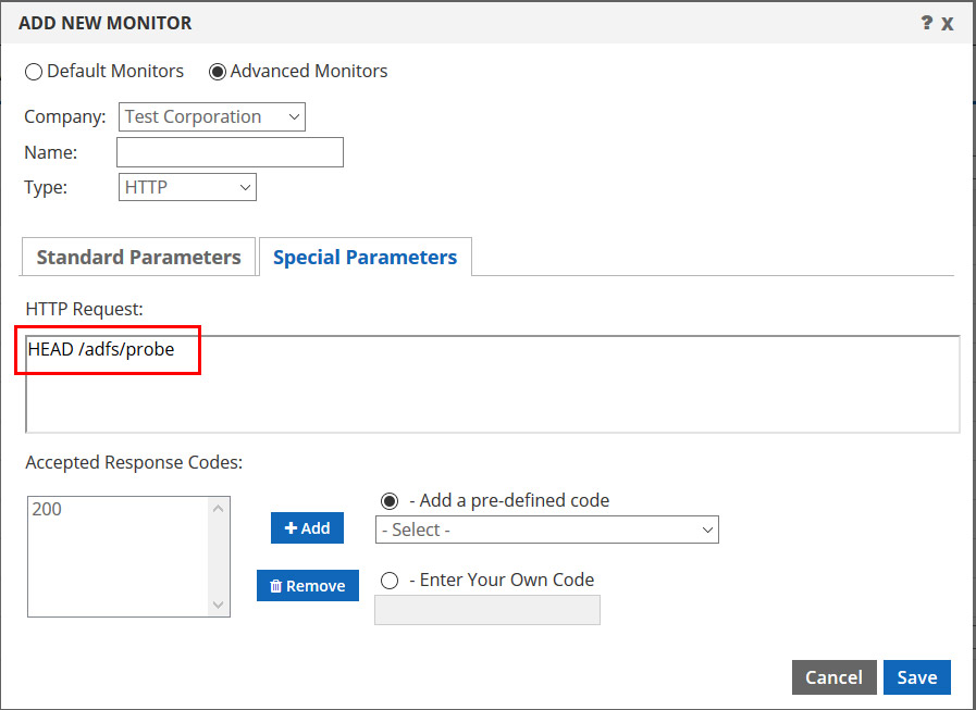 ADFS monitor special parameters tab