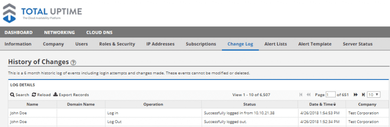 Change Log Tab | Total Uptime®